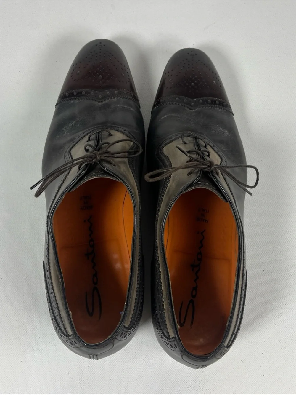 Santoni Leather Cap Toe Oxford Dress Shoes Multi Tone Made in Italy Size 9.5